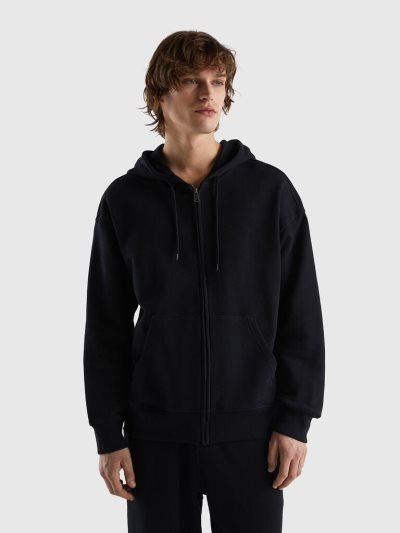 Men's Benetton Zip-up Cotton Hoodie Black | NZ413341