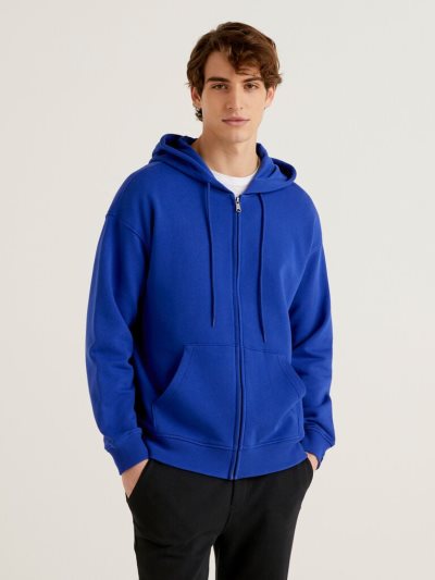 Men's Benetton Zip-up Cotton Hoodie Bright Blue | NZ600357