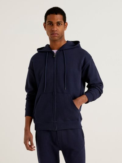 Men's Benetton Zip-up Cotton Hoodie Dark Blue | NZ277333