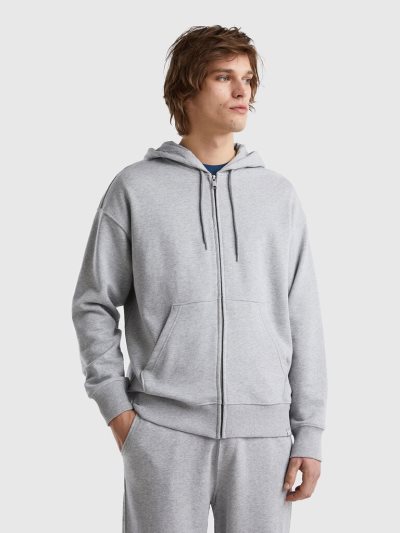 Men's Benetton Zip-up Cotton Hoodie Light Grey | NZ450681