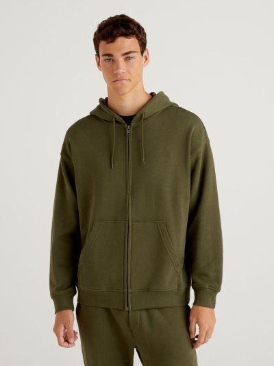 Men's Benetton Zip-up Cotton Hoodie Military Green | NZ350309