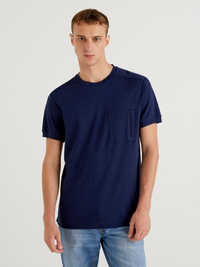 Men's Benetton Zipped Pocket Short Sleeve T-shirts Dark Blue | NZ749614