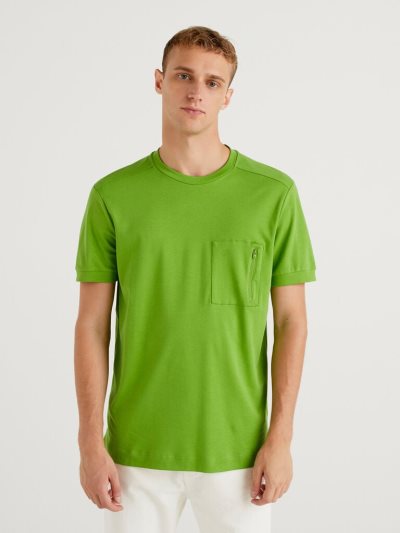 Men's Benetton Zipped Pocket Short Sleeve T-shirts Light Green | NZ984459