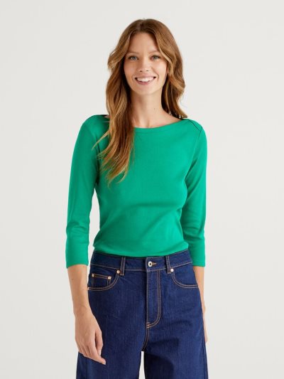 Women's Benetton 100% Cotton Boat Neck Long Sleeve T-shirts Green | NZ003413