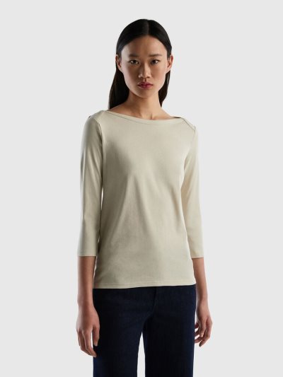 Women's Benetton 100% Cotton Boat Neck Long Sleeve T-shirts Beige | NZ018743