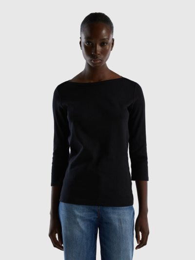 Women's Benetton 100% Cotton Boat Neck Long Sleeve T-shirts Black | NZ126500