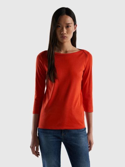 Women's Benetton 100% Cotton Boat Neck Long Sleeve T-shirts Red | NZ162505