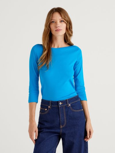 Women's Benetton 100% Cotton Boat Neck Long Sleeve T-shirts Turquoise | NZ165521