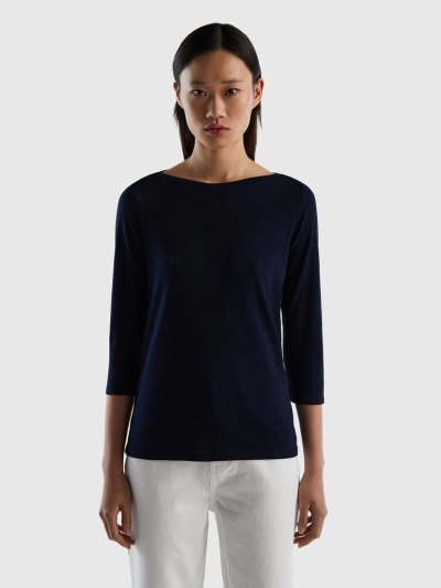 Women's Benetton 100% Cotton Boat Neck Long Sleeve T-shirts Dark Blue | NZ283566