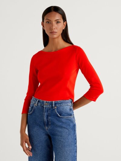 Women's Benetton 100% Cotton Boat Neck Long Sleeve T-shirts Red | NZ412354