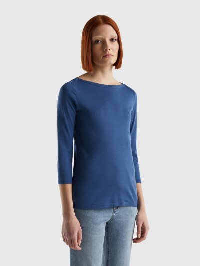 Women's Benetton 100% Cotton Boat Neck Long Sleeve T-shirts Blue | NZ443089