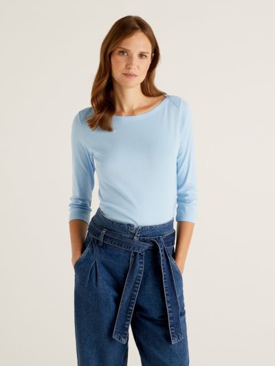 Women's Benetton 100% Cotton Boat Neck Long Sleeve T-shirts Light Blue | NZ533371
