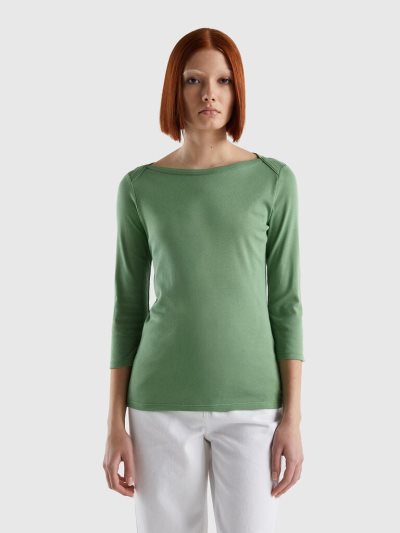 Women's Benetton 100% Cotton Boat Neck Long Sleeve T-shirts Green | NZ594610