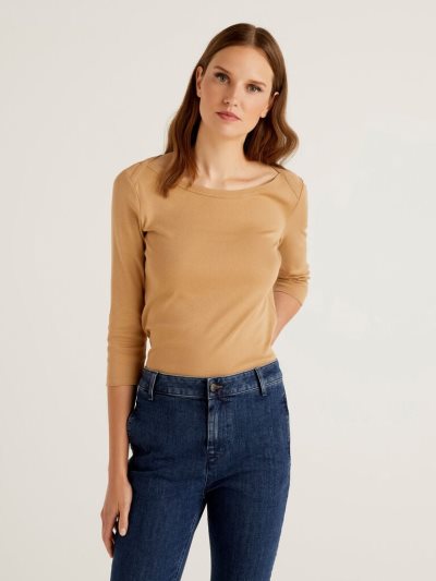 Women's Benetton 100% Cotton Boat Neck Long Sleeve T-shirts Beige | NZ831152