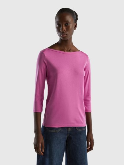 Women's Benetton 100% Cotton Boat Neck Long Sleeve T-shirts Pink | NZ916213