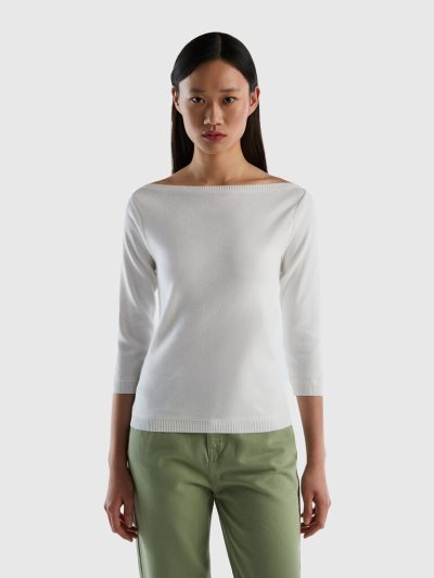 Women's Benetton 100% Cotton Boat Neck Sweaters White | NZ030312