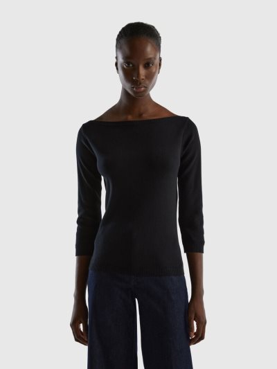 Women's Benetton 100% Cotton Boat Neck Sweaters Black | NZ103414