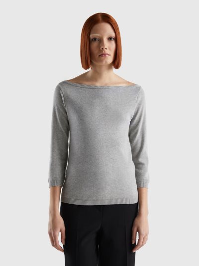 Women's Benetton 100% Cotton Boat Neck Sweaters Light Grey | NZ229777
