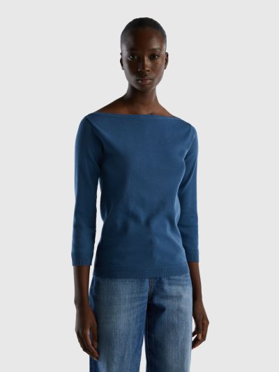Women's Benetton 100% Cotton Boat Neck Sweaters Blue | NZ346419