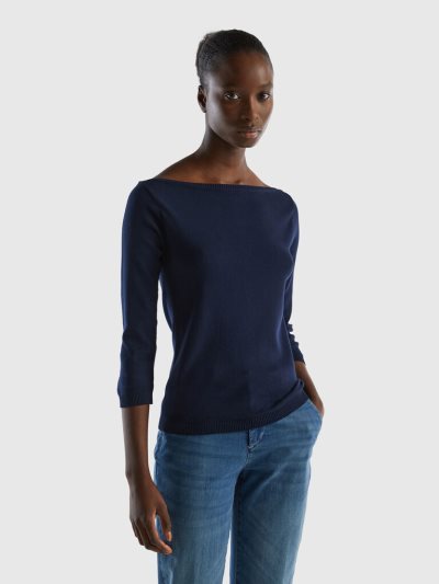 Women's Benetton 100% Cotton Boat Neck Sweaters Dark Blue | NZ702408