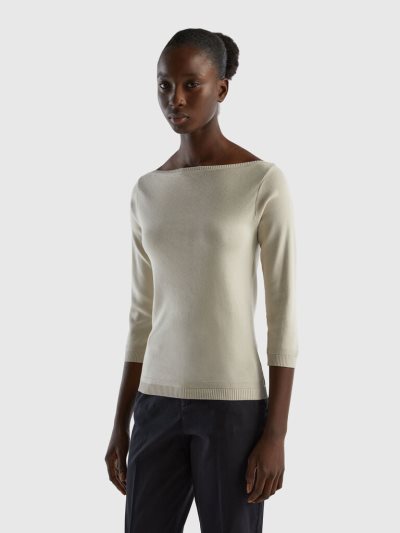 Women's Benetton 100% Cotton Boat Neck Sweaters Beige | NZ715380