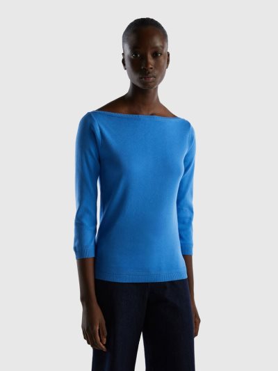 Women's Benetton 100% Cotton Boat Neck Sweaters Light Blue | NZ737612