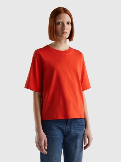 Women's Benetton 100% Cotton Boxy Fit Short Sleeve T-shirts Red | NZ223430