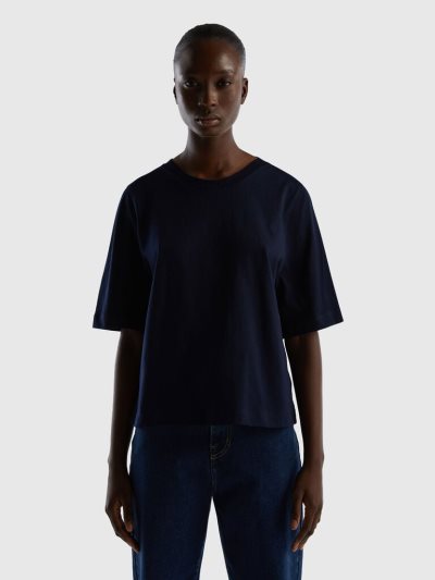 Women's Benetton 100% Cotton Boxy Fit Short Sleeve T-shirts Dark Blue | NZ677313