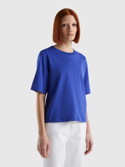 Women's Benetton 100% Cotton Boxy Fit Short Sleeve T-shirts Bright Blue | NZ824561