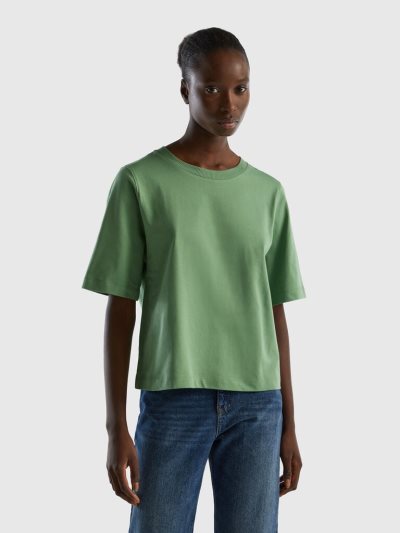 Women's Benetton 100% Cotton Boxy Fit Short Sleeve T-shirts Green | NZ892066
