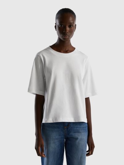 Women's Benetton 100% Cotton Boxy Fit Short Sleeve T-shirts White | NZ969580