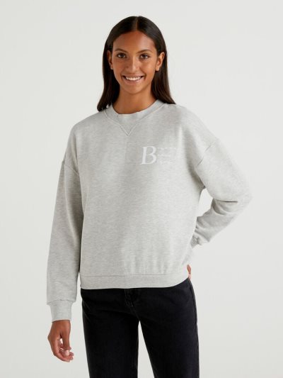 Women's Benetton 100% Cotton Crew Neck Sweatshirt Light Grey | NZ081698