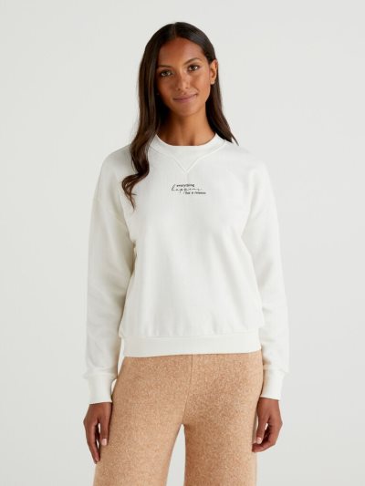 Women's Benetton 100% Cotton Crew Neck Sweatshirt White | NZ118907