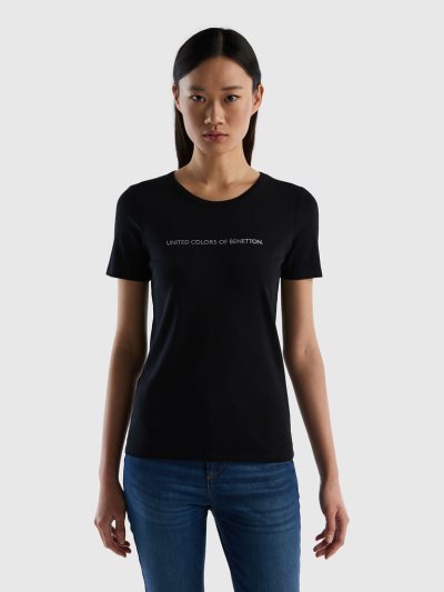 Women's Benetton 100% Cotton Glitter Print Logo Short Sleeve T-shirts Black | NZ034271