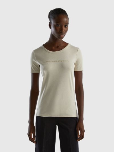 Women's Benetton 100% Cotton Glitter Print Logo Short Sleeve T-shirts Beige | NZ176928