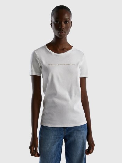Women's Benetton 100% Cotton Glitter Print Logo Short Sleeve T-shirts White | NZ315273
