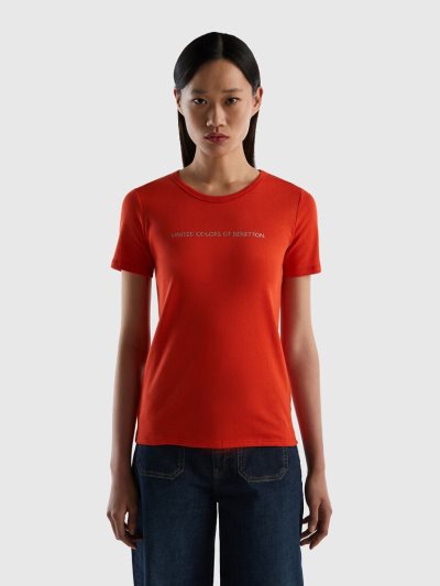 Women's Benetton 100% Cotton Glitter Print Logo Short Sleeve T-shirts Red | NZ451573