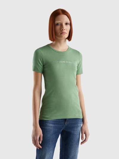 Women's Benetton 100% Cotton Glitter Print Logo Short Sleeve T-shirts Green | NZ463957