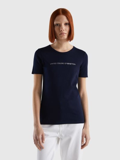 Women's Benetton 100% Cotton Glitter Print Logo Short Sleeve T-shirts Dark Blue | NZ532841