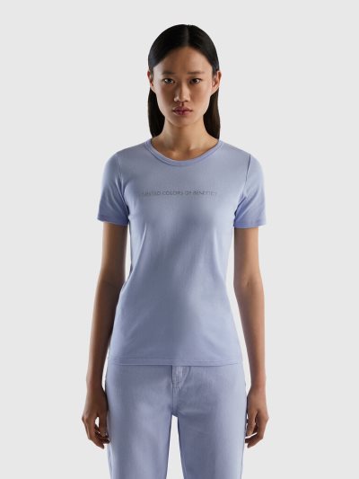 Women's Benetton 100% Cotton Glitter Print Logo Short Sleeve T-shirts Lavender | NZ849268