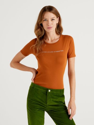 Women's Benetton 100% Cotton Glitter Print Logo Short Sleeve T-shirts Burnt | NZ921859