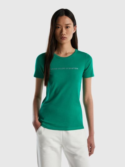 Women's Benetton 100% Cotton Glitter Print Logo Short Sleeve T-shirts Green | NZ998763
