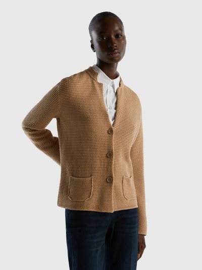 Women's Benetton 100% Cotton Knit Jackets Camel | NZ018206