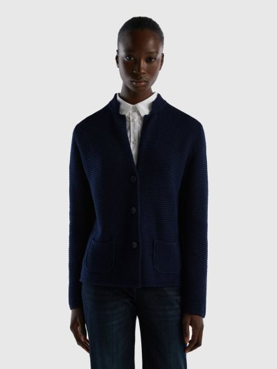 Women's Benetton 100% Cotton Knit Jackets Dark Blue | NZ442682