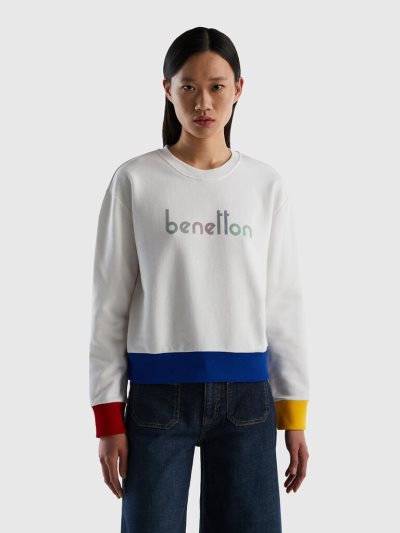Women's Benetton 100% Cotton Logo Print Sweatshirt White | NZ160795