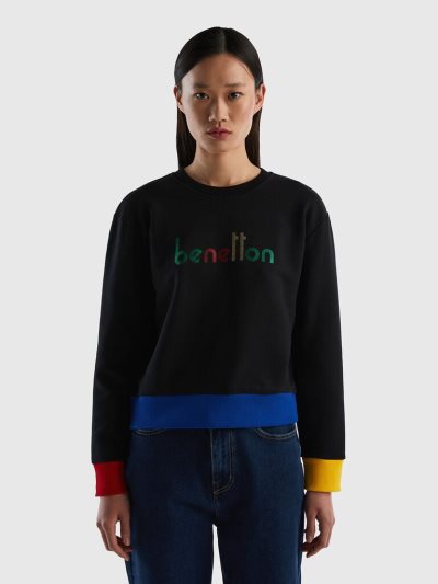Women's Benetton 100% Cotton Logo Print Sweatshirt Black | NZ266282