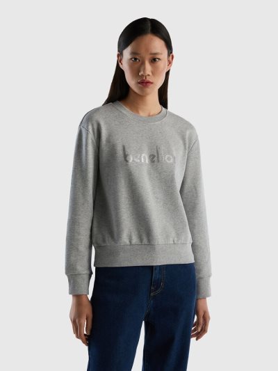 Women's Benetton 100% Cotton Logo Print Sweatshirt Light Grey | NZ381134