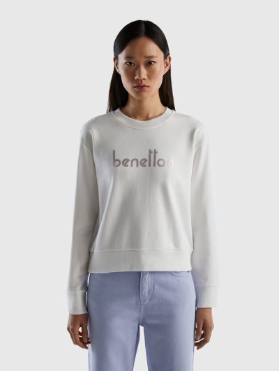 Women's Benetton 100% Cotton Logo Print Sweatshirt White | NZ504981