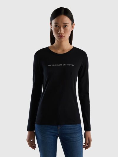 Women's Benetton 100% Cotton Long Sleeve Long Sleeve T-shirts Black | NZ612930