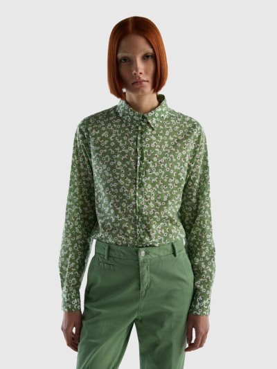 Women's Benetton 100% Cotton Patterned Shirts Olive Green | NZ407591